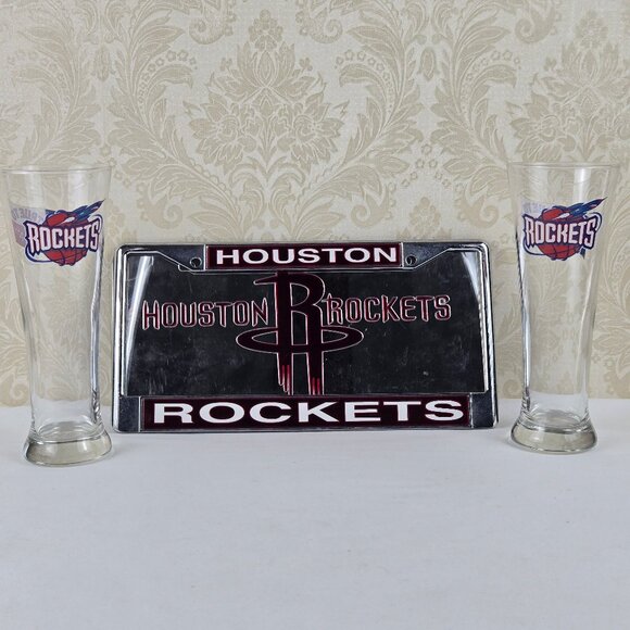 Houston Rockets Fan Bundle 2 Steins Mirrored License Plate with Plate Holder - Picture 4 of 10